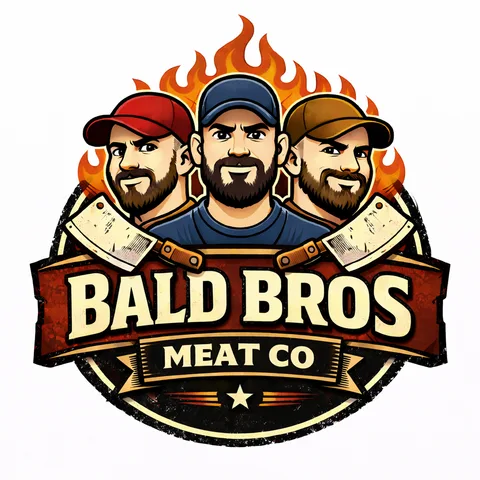 Bald Bros Meat Co. logo: three bearded brothers over crossed cleavers